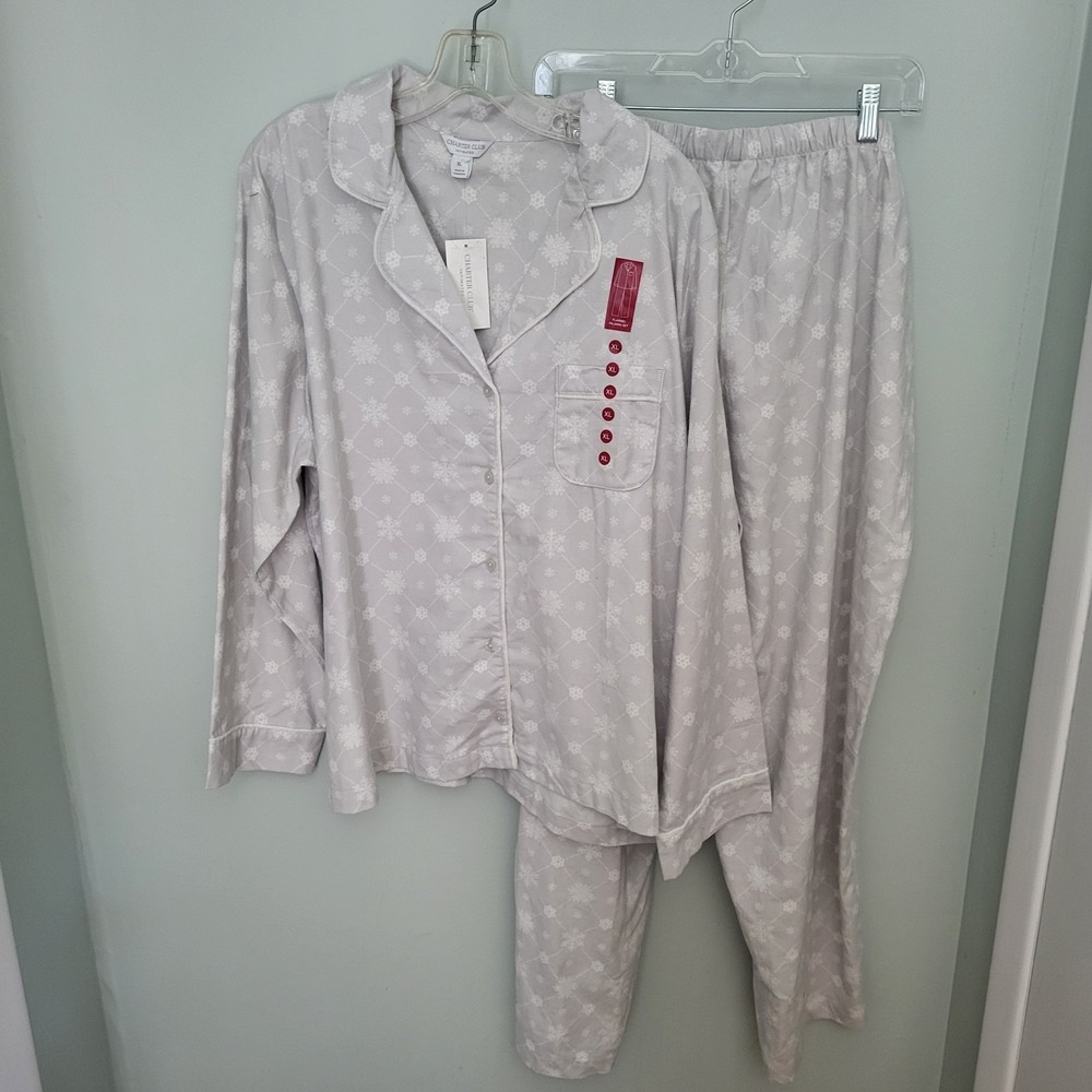 Charter Club Women XL Cotton Flannel 2 Piece Pajama Set Snowflake Gray White New
